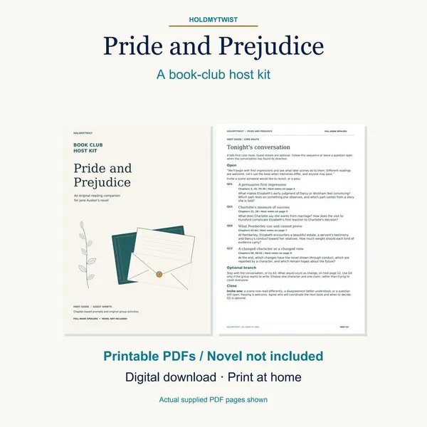 Preview of the HoldMyTwist Pride and Prejudice book-club kit printable